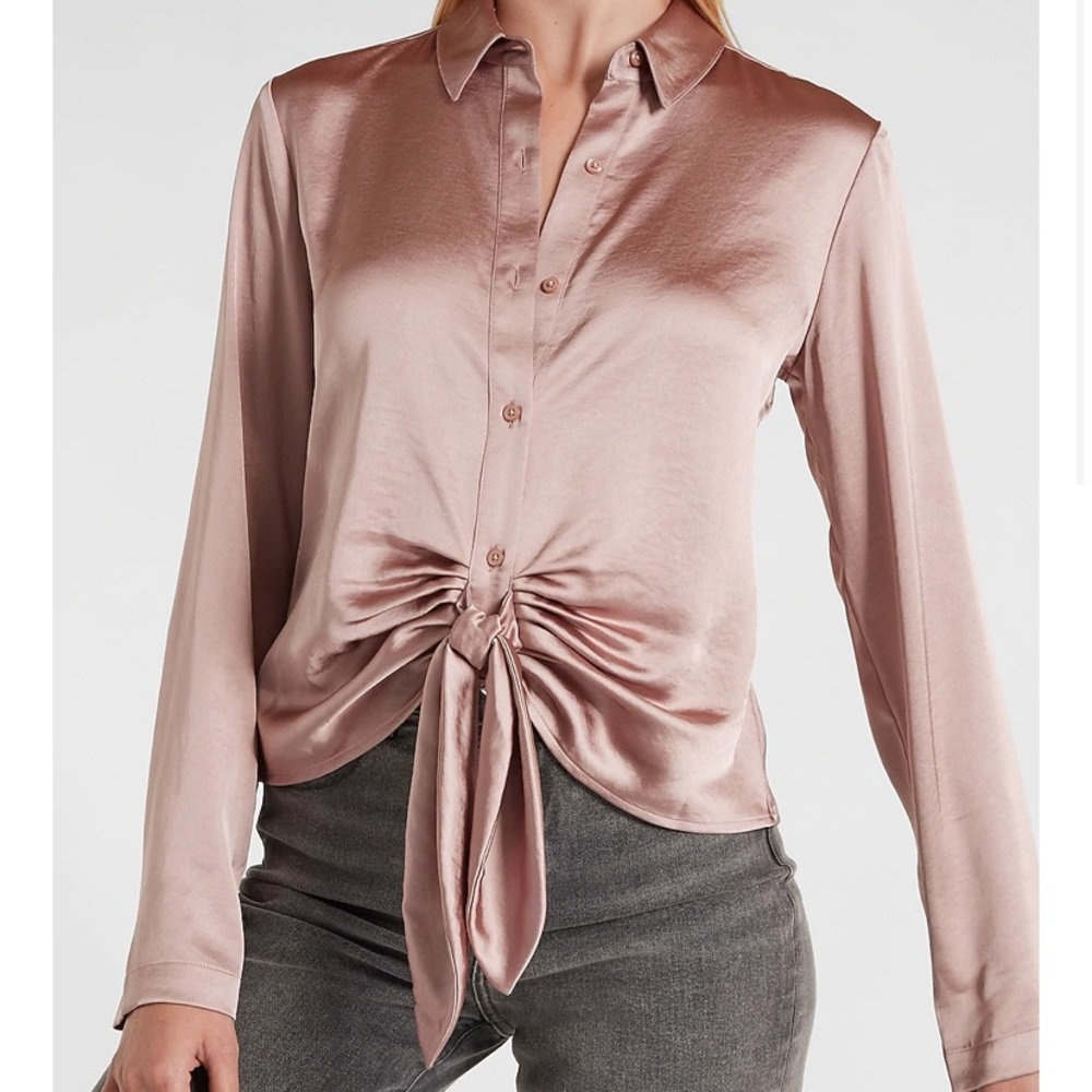 Express Satin Tie Front Portofino Shirt in Blushing Mauve Size XS